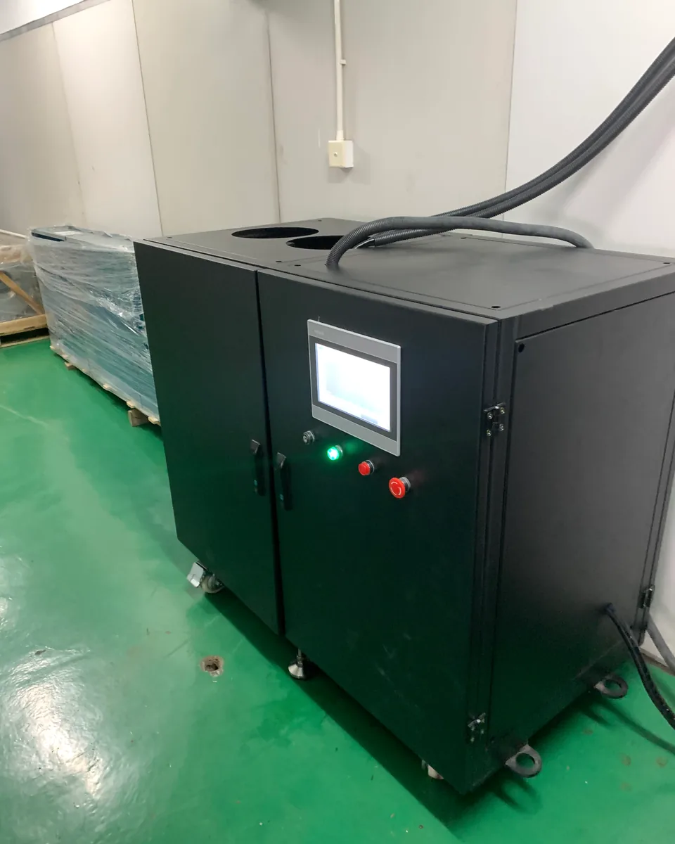 Horizontal low-profile power-continuity cabinet installed in a pharmaceutical plant compressor room with limited ceiling height.